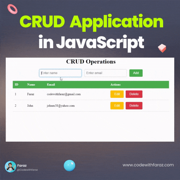 vanilla javascript crud operation with source code learn to create, read, update, and delete data.gif